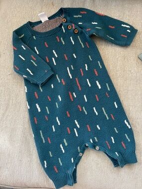 Nordstrom Teal Knit One-Piece Romper with Red, Cream, and Sage Accents